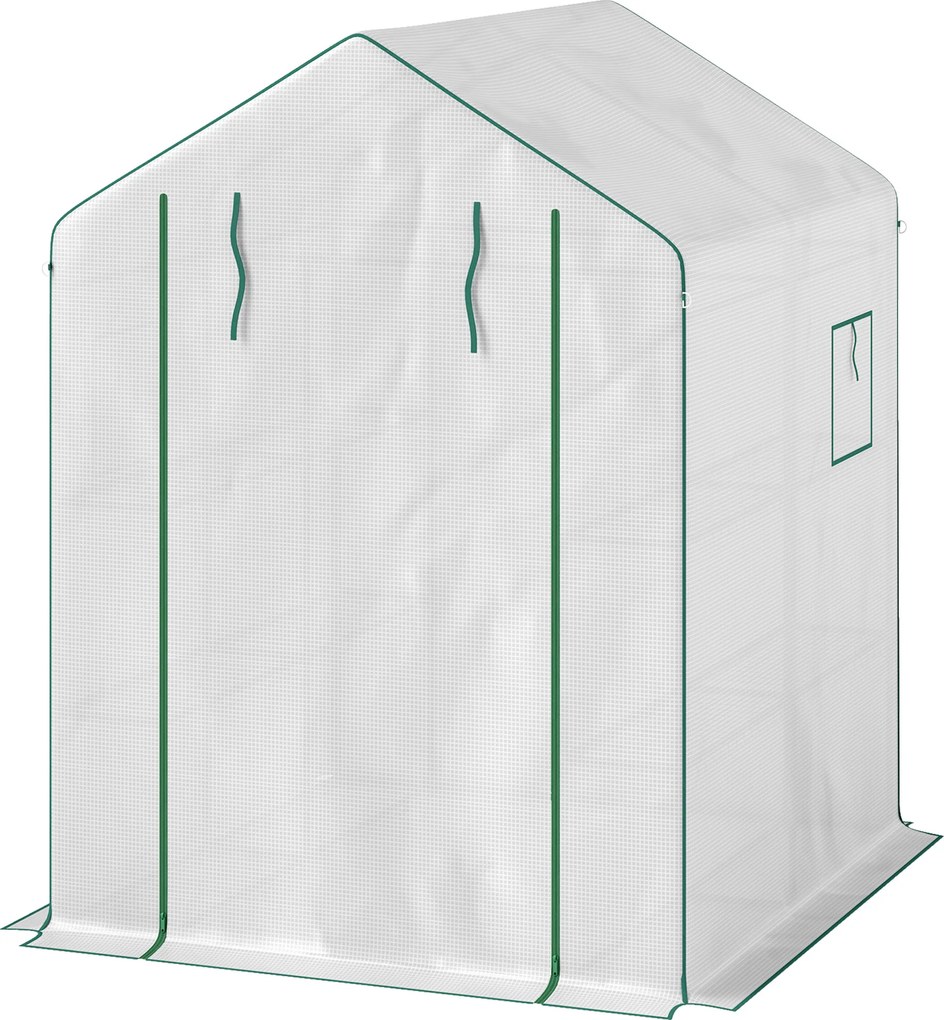 Estufa de jardim 140 x 143 x 190 cm com 1 porta, 2 janelas e prateleiras de 3 níveis para legumes, plantas e flores; cobertura em PE branca