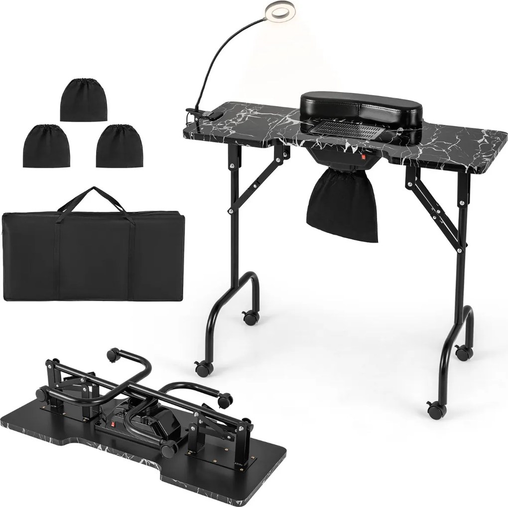 Mesa de manicure dobrável com aspirador de pó elétrico Luz LED 4 rodas com travão 90 x 40 x 77 cm Preta
