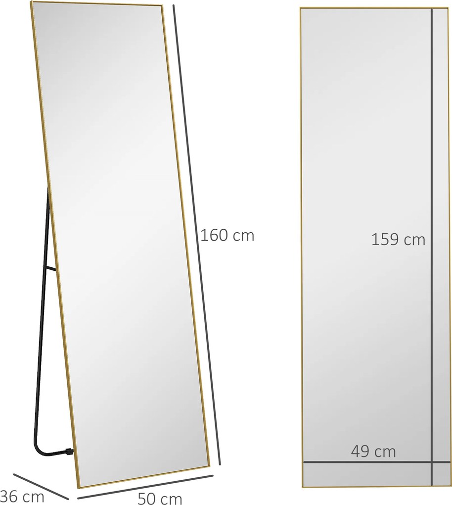 Espelho retangular de corpo inteiro, 50 x 160 cm, espelho com suporte, de parede ou encostado à parede, dourado