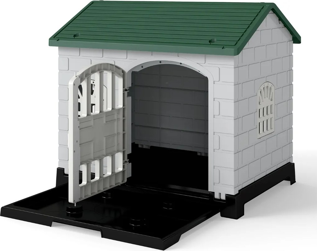 Casota dobrável 75 x 58 x 65 cm de plástico para cães resistente às intempéries para animais de estimação com bandeja sanitária Porta verde escuro