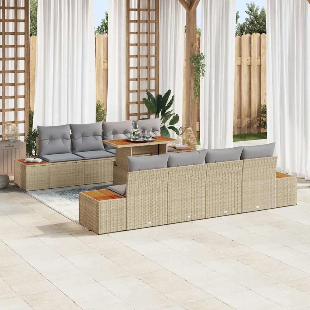 vidaXL Conjunto de Jantar Jardins 9 Peças com Almofadas Bege em Rattan Sintético de Acácia