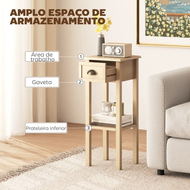 Mesa de Apoio com Gaveta e Prateleira de Armazenamento Estilo Moderno 30x30x75 cm Madeira