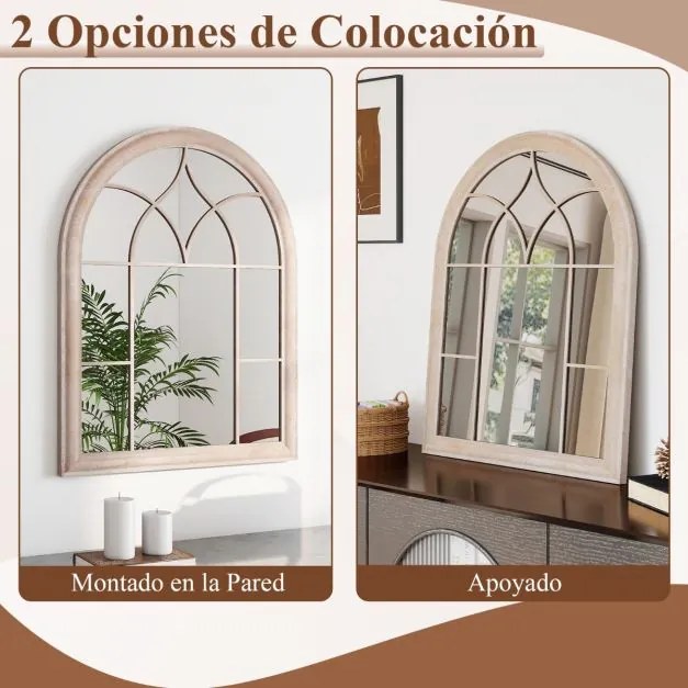 Espelho de painel de janela estilo rústico arqueado 88,5 x 69 x 3,5 cm e montado na parede com moldura metálica cinza