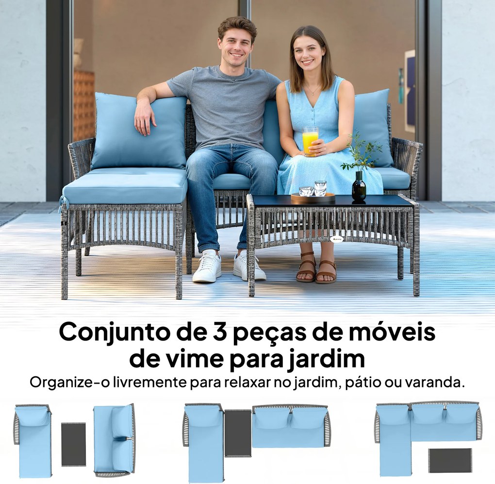 Conjunto de Jardim Exterior de Vime com Sofá de 2 Lugares, Chaise Longue e Mesa de Centro com Vidro Temperado Azul Claro
