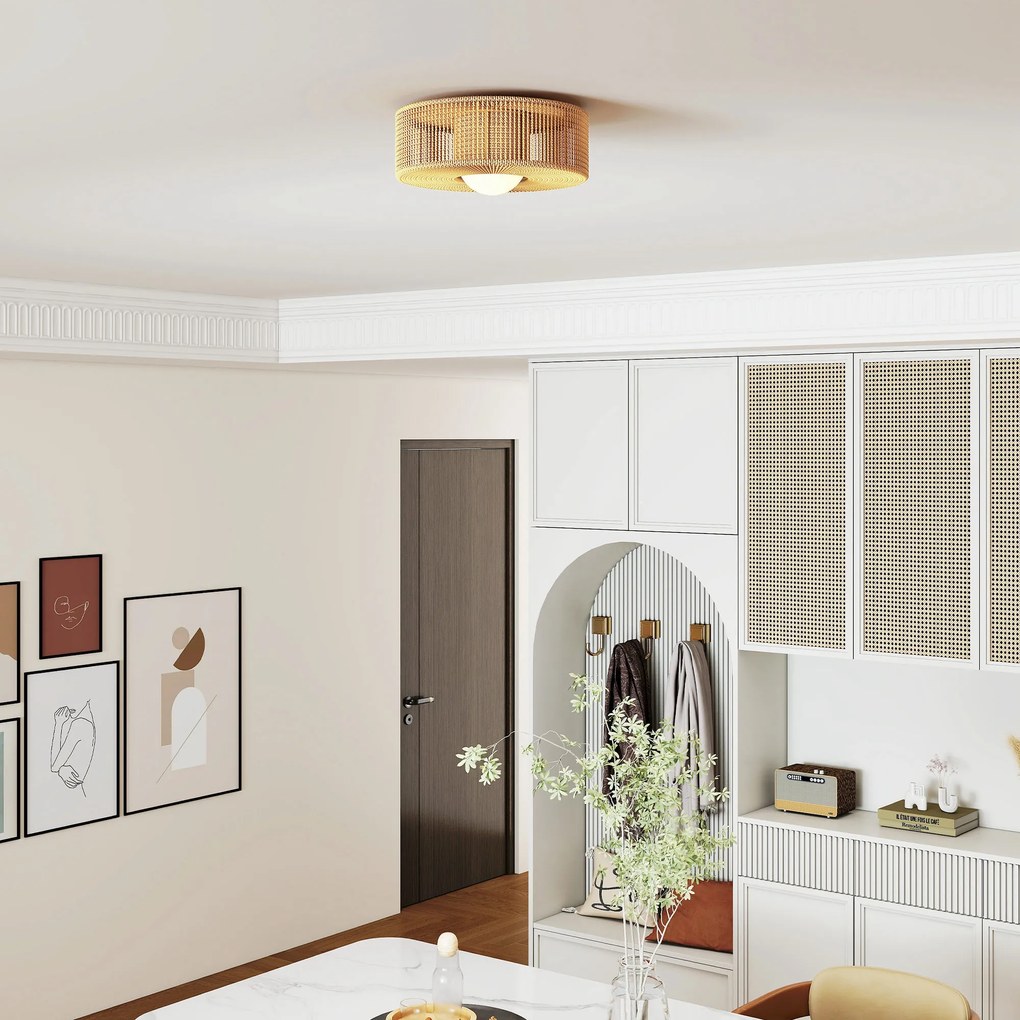 Candeeiro de Teto com Lâmpada LED G9 20W 3000 K Candeeiro de Teto Boémio com Ecrã de Corda de Linho Ø30x16 cm Castanho Claro