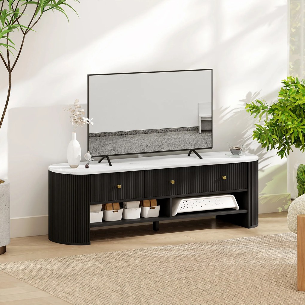Móvel para TV de 140 cm, móvel para televisor de 65 polegadas com efeito de mármore, 3 gavetas com frentes caneladas e 2 prateleiras pretas