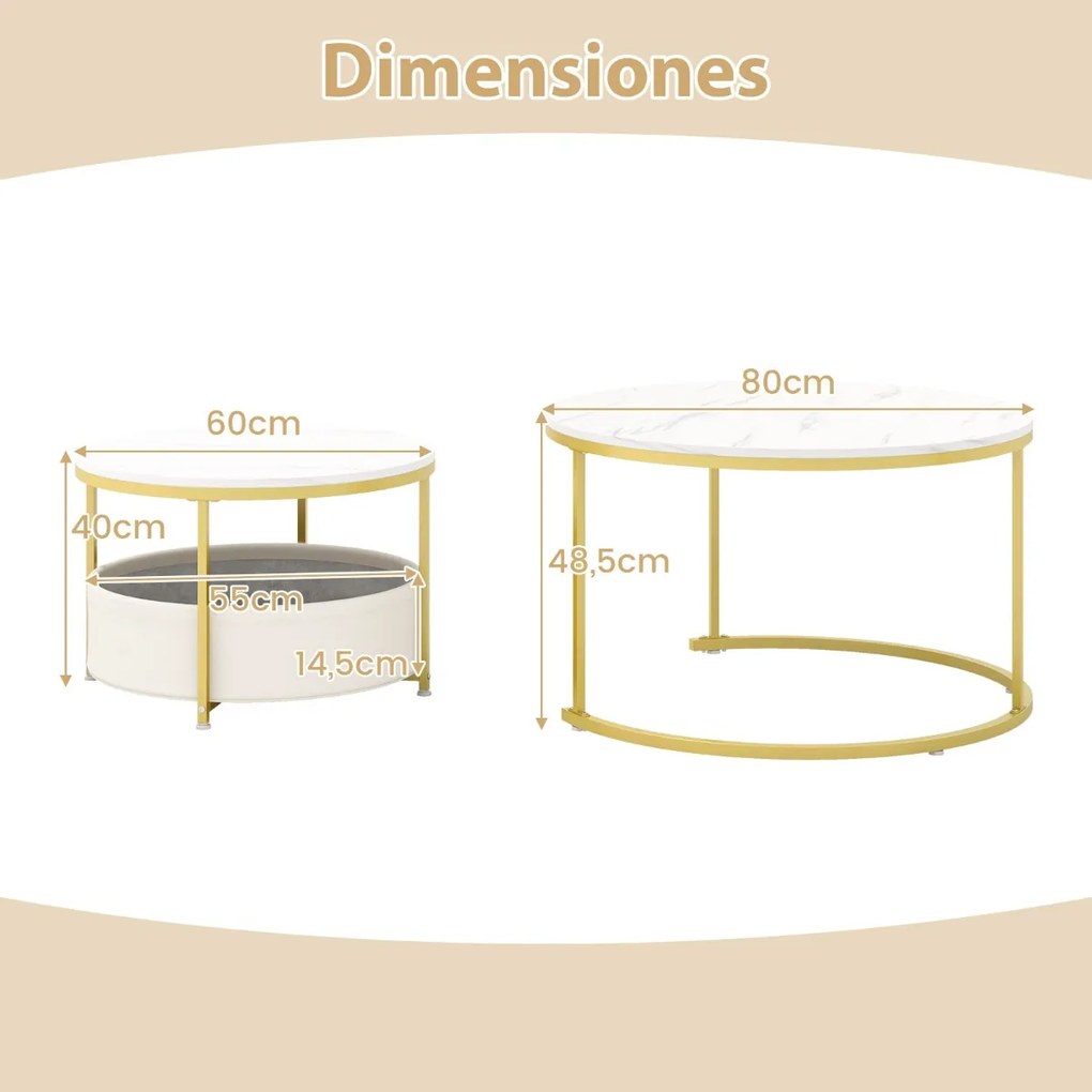 Conjunto de 2 mesas de centro redondas de 80 e 60 cm com cesto de tecido e estrutura metálica brancas e douradas