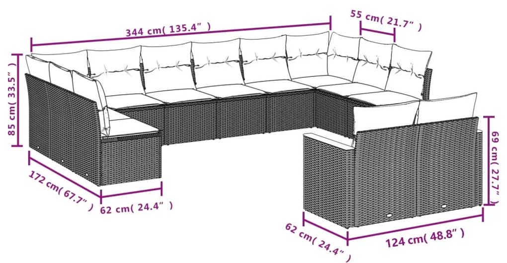 12 pcs conjunto de sofás jardim c/ almofadões vime PE cinzento