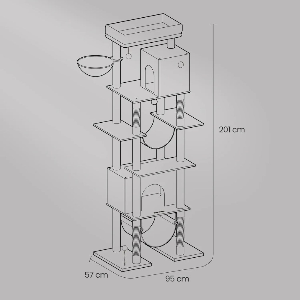 Arranhador para gatos grande 78 x 48 x 201 cm, com plataforma cinzento claro
