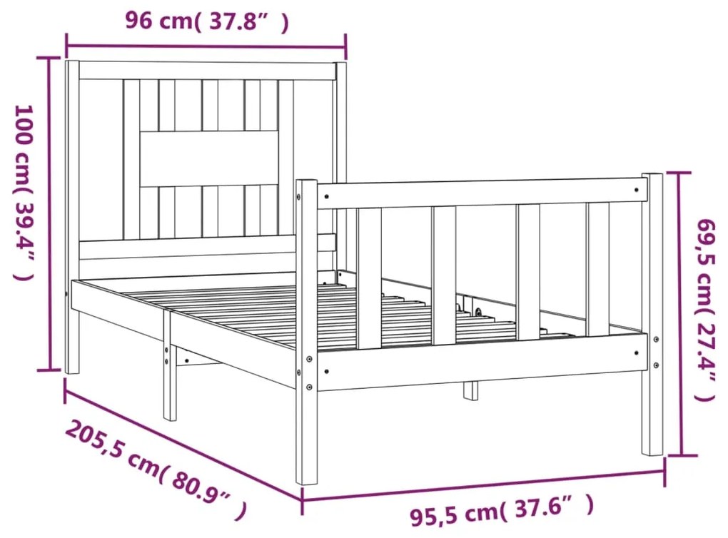 Estrutura de cama com cabeceira 90x200 cm pinho maciço preto