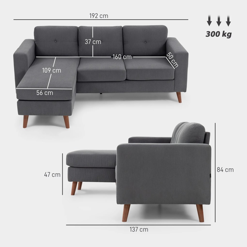 Sofá Chaise Longue Reversível Sofá de Canto em Forma de L de 3 Lugares Estofado em Veludo Cotelê 192x137x84 cm Cinzento Escuro