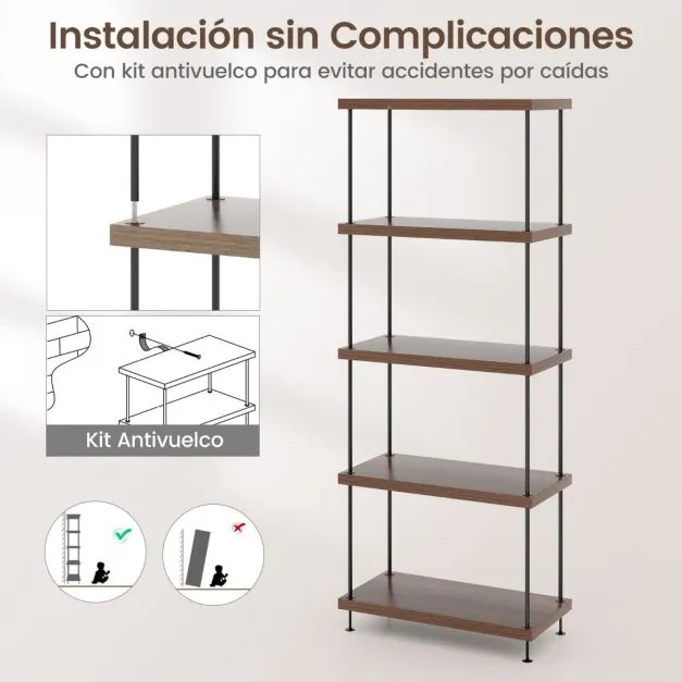 Estante multifunções de 5 níveis com estrutura metálica para arrumação doméstica 60 x 147 cm Nogueira