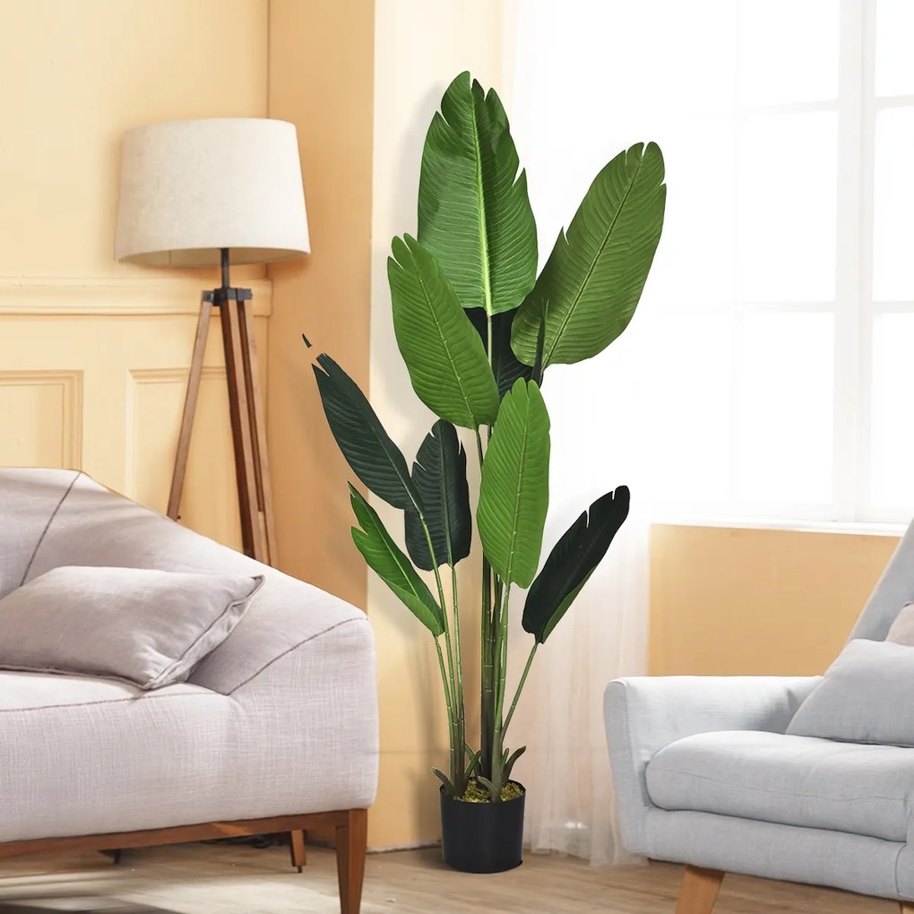 Palmeira Artificial Tropical de Pote Preto Interior com 10 Folhas Verdes Realistas 160 cm