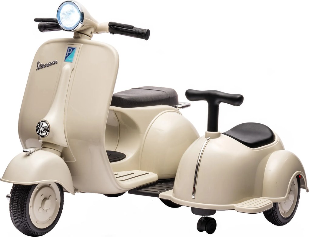 AIYAPLAY Mota Elétrica Infantil VESPA com 2 Assentos, Arranque Suave, Luz, Música, USB e Arrumação, Creme | Aosom Portugal