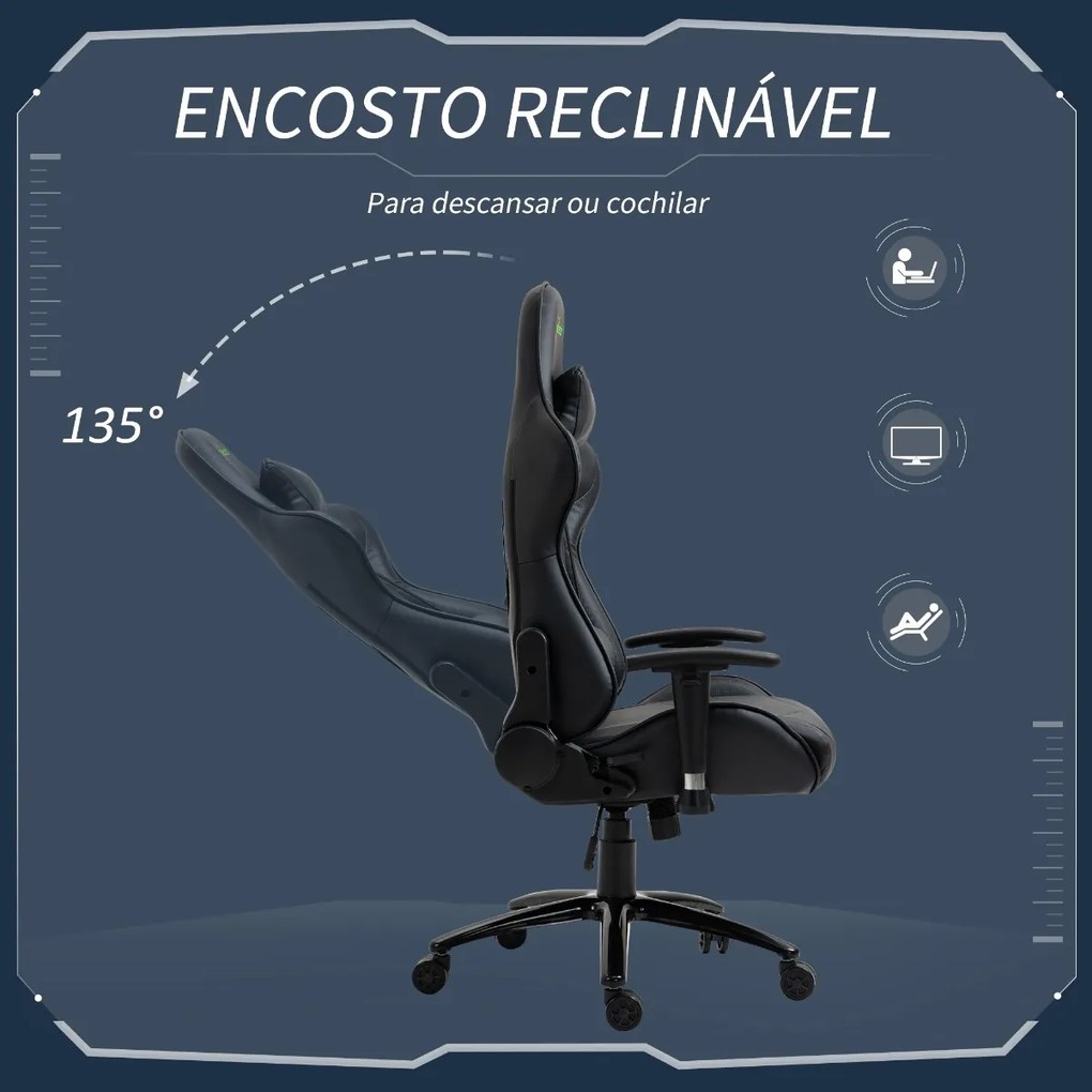 Cadeira de Gaming Ergonômica Giratória com Altura Ajustável Apoio para os Braços Apoio para a Cabeça e Almofada Lombar Couro Sintético 73x71x128-136cm