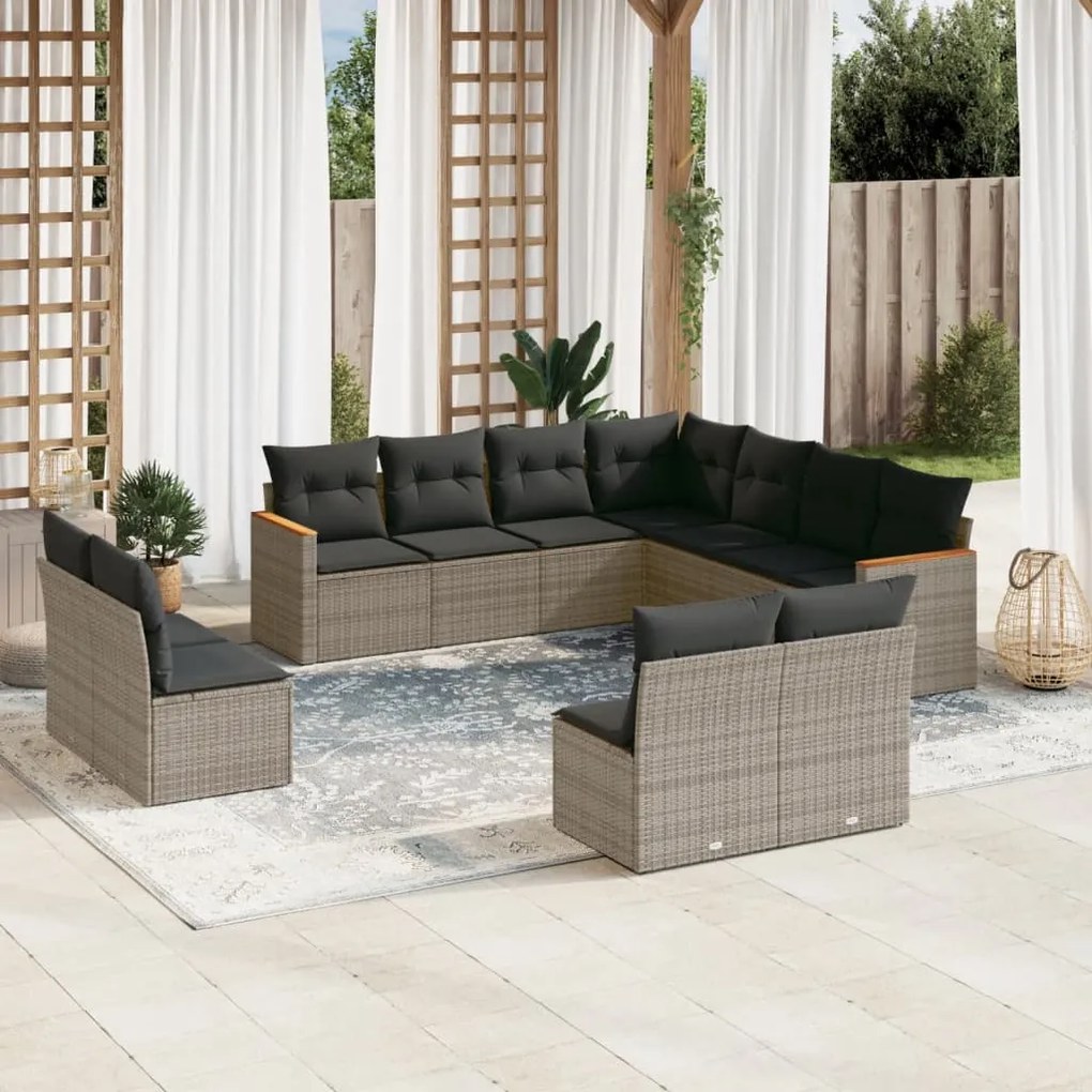 11 pcs conjunto sofás de jardim c/ almofadões vime PE cinzento