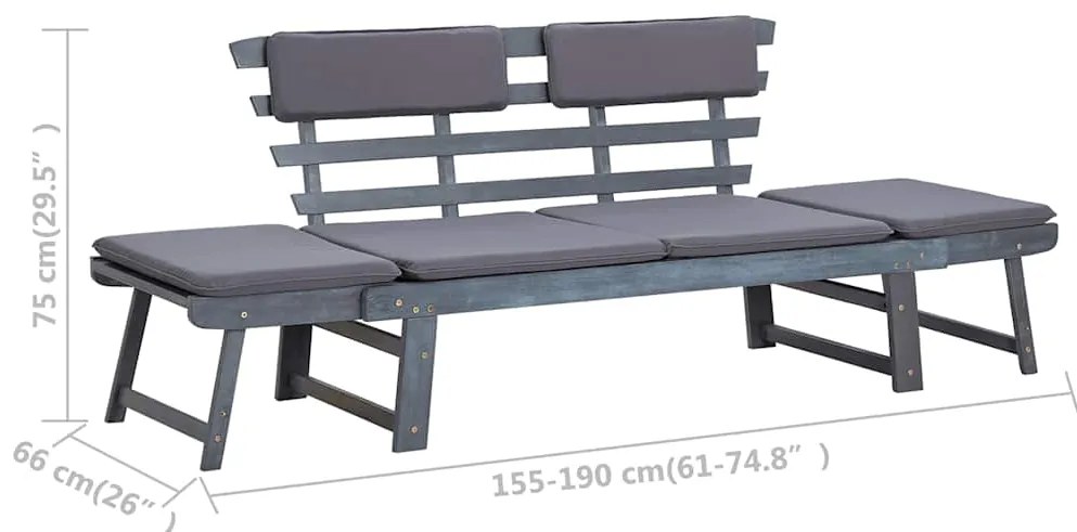 Banco jardim c/ almofadões 2-em-1 190 cm acácia maciça cinzento