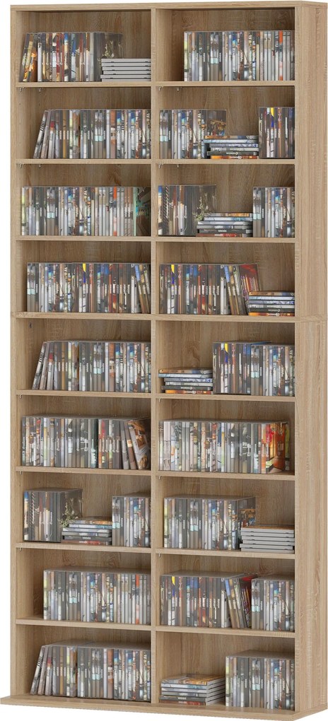 Organizador para CD e DVD com 18 compartimentos, capacidade máxima de 640 CD/360 DVD/430 Blu-ray, 78,5 x 24 x 175 cm, madeira natural