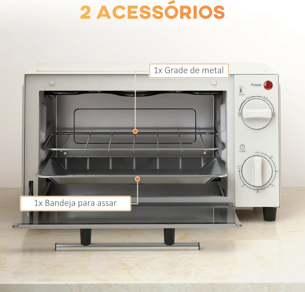 Mini Forno Elétrico 9L com Temperatura Ajustável até 230°C Temporizador 60 min e Bandeja para Assar 35x24,6x20 cm Creme