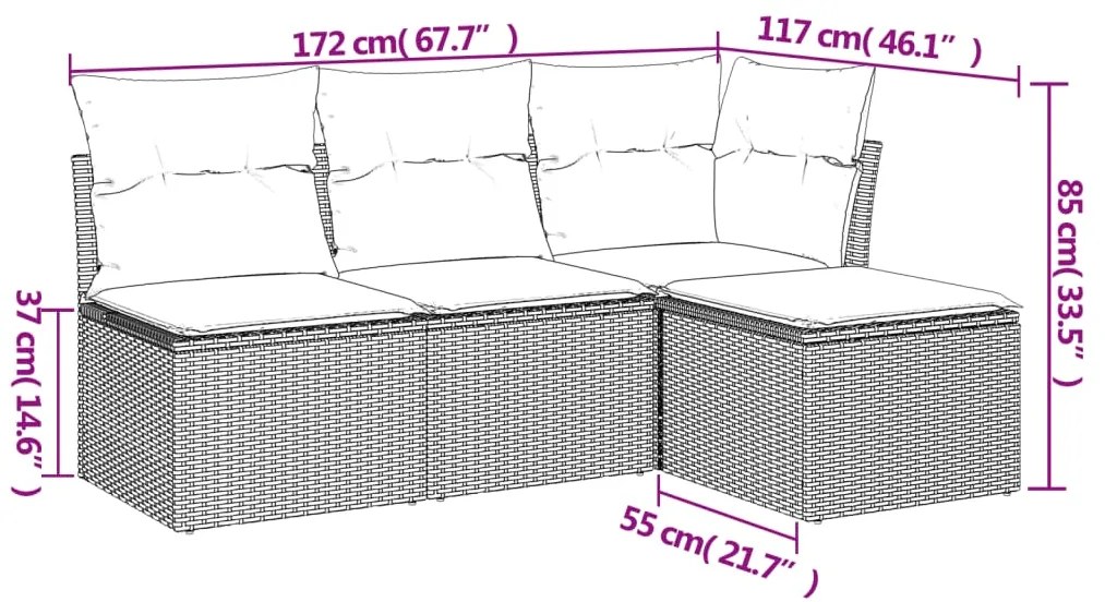 4 pcs conjunto de sofás para jardim c/ almofadões vime PE preto