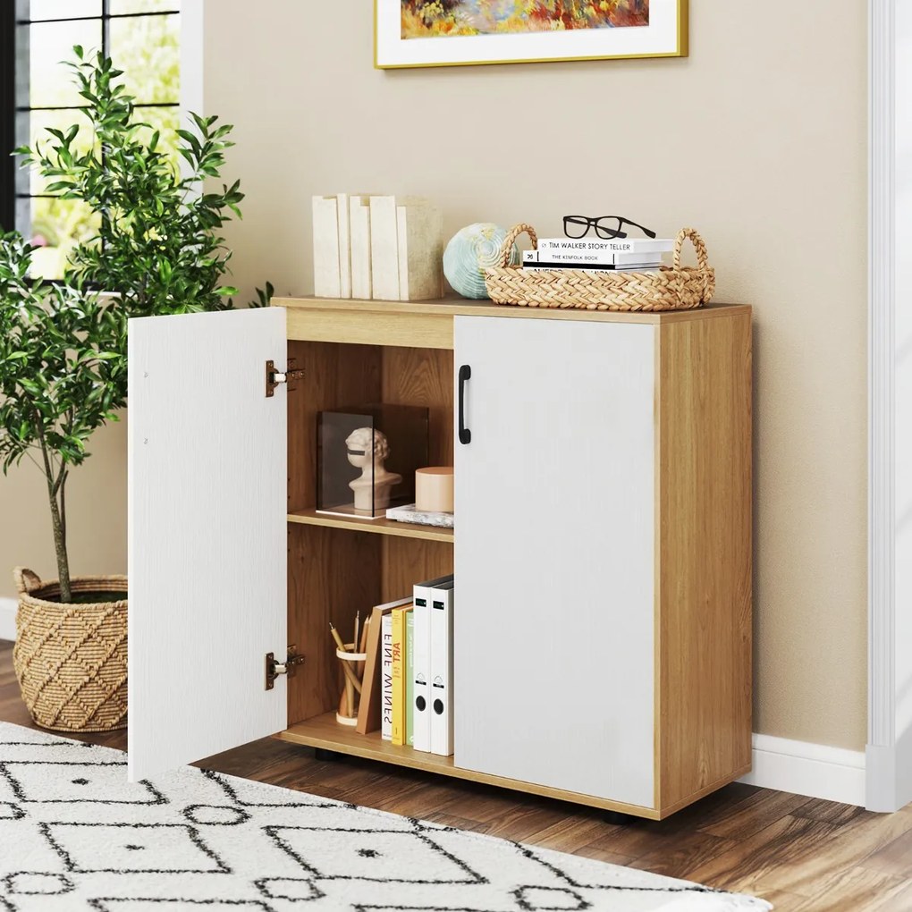Armário de armazenamento moderno com 2 portas e prateleira ajustável em 5 posições Natural + Branco