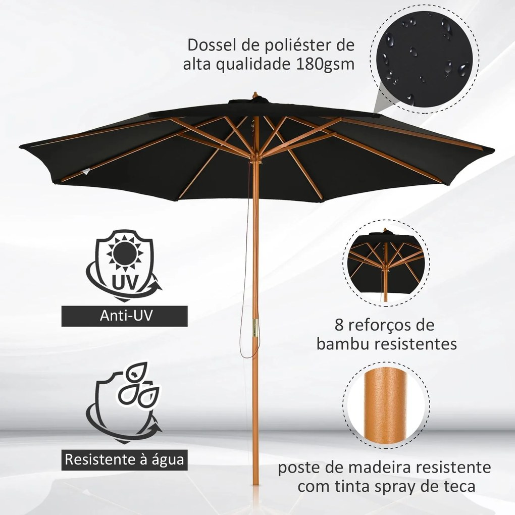 Chapéu de Sol de Jardim Ø300x250cm com Sistema de Polia Teto Ventilado e Mastro Desmontável de Madeira para Terraço Pátio Exterior Preto