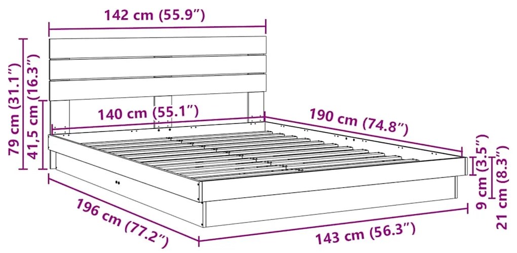 Estrutura cama cabeceira sem colchão 140x190 cm maciça carvalho