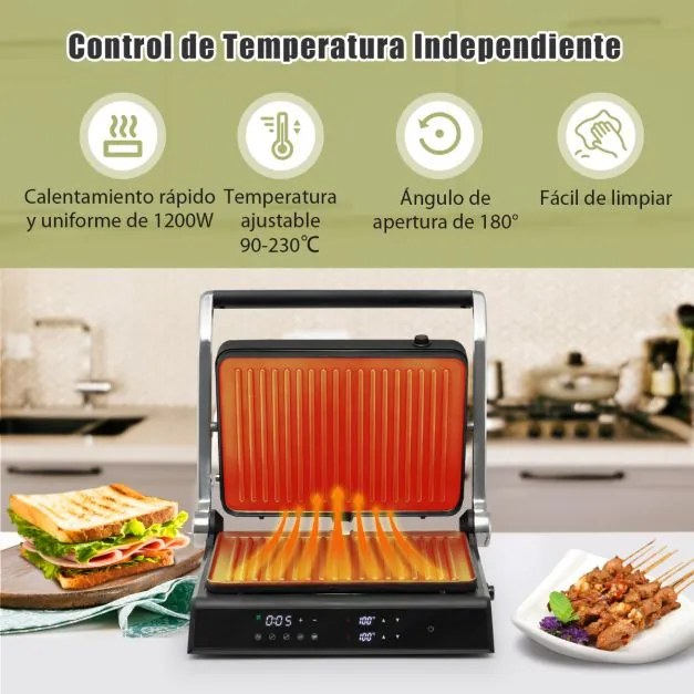 Grelhador Elétrico 1800-2000W 3 em 1 Sanduicheira Abertura de 180º Folhas antiaderentes Controlo de temperatura 35 x 30 x 14 cm Preto