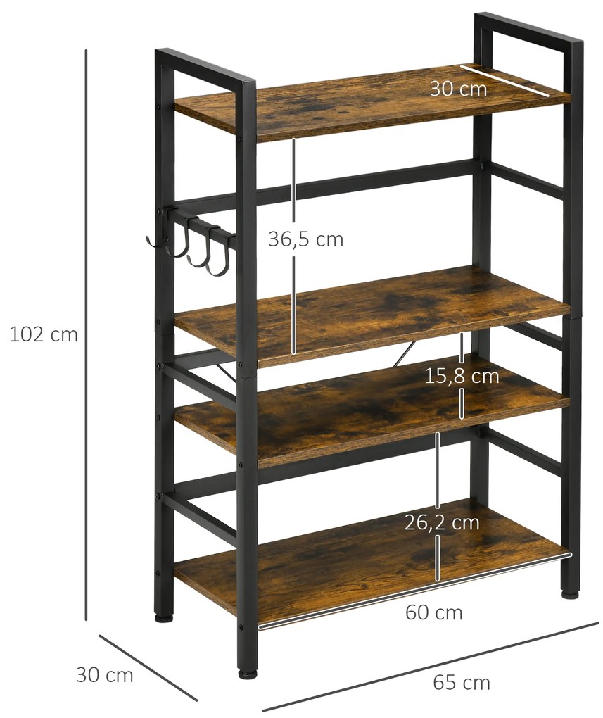 Estante de Cozinha com 4 Prateleiras Ganchos e Sistema Anti-Tombo Estante para Micro-Ondas 65x30x102 cm Castanho Rústico e Preto