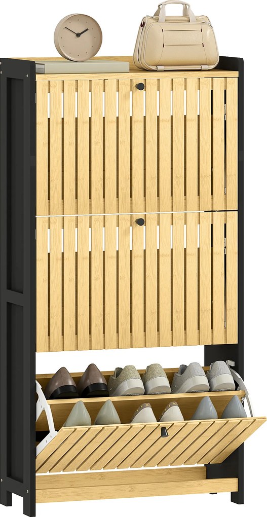 Sapateira com capacidade para 18 pares, com 3 gavetas rebatíveis, portas de bambu com ripas, 60 x 24 x 118 cm, preto e madeira natural