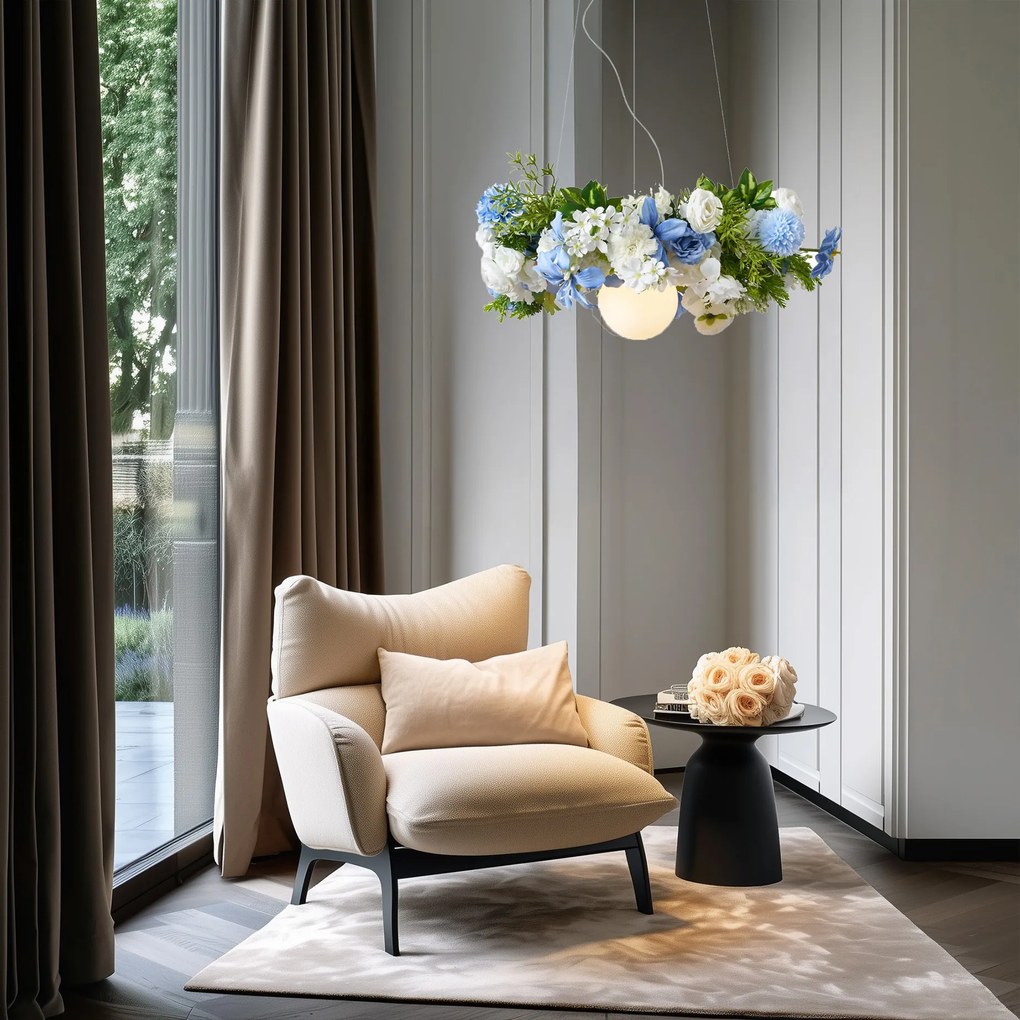 Candeeiro suspenso boémio preto com flores coloridas azuis e brancas - Flower Power