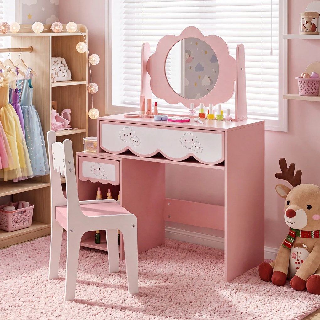 Conjunto de Toucador Infantil e Cadeira, 80 x 40 x 112 cm, Amplo Espaço de Arrumação, Cor-de-rosa