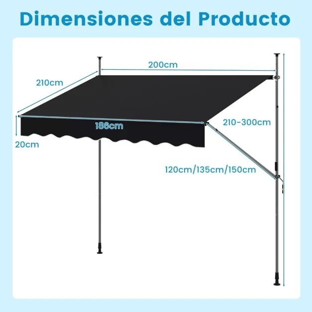 Toldo retrátil manual 2 m x 3 m Toldo exterior com altura ajustável Manivela e sem perfuração para janela Porta Terraço Preto