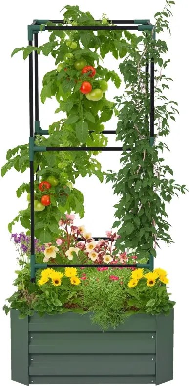 Floreira Grande com Treliça 61x61x140 cm e Base Aberta para Plantas Trepadoras Verde