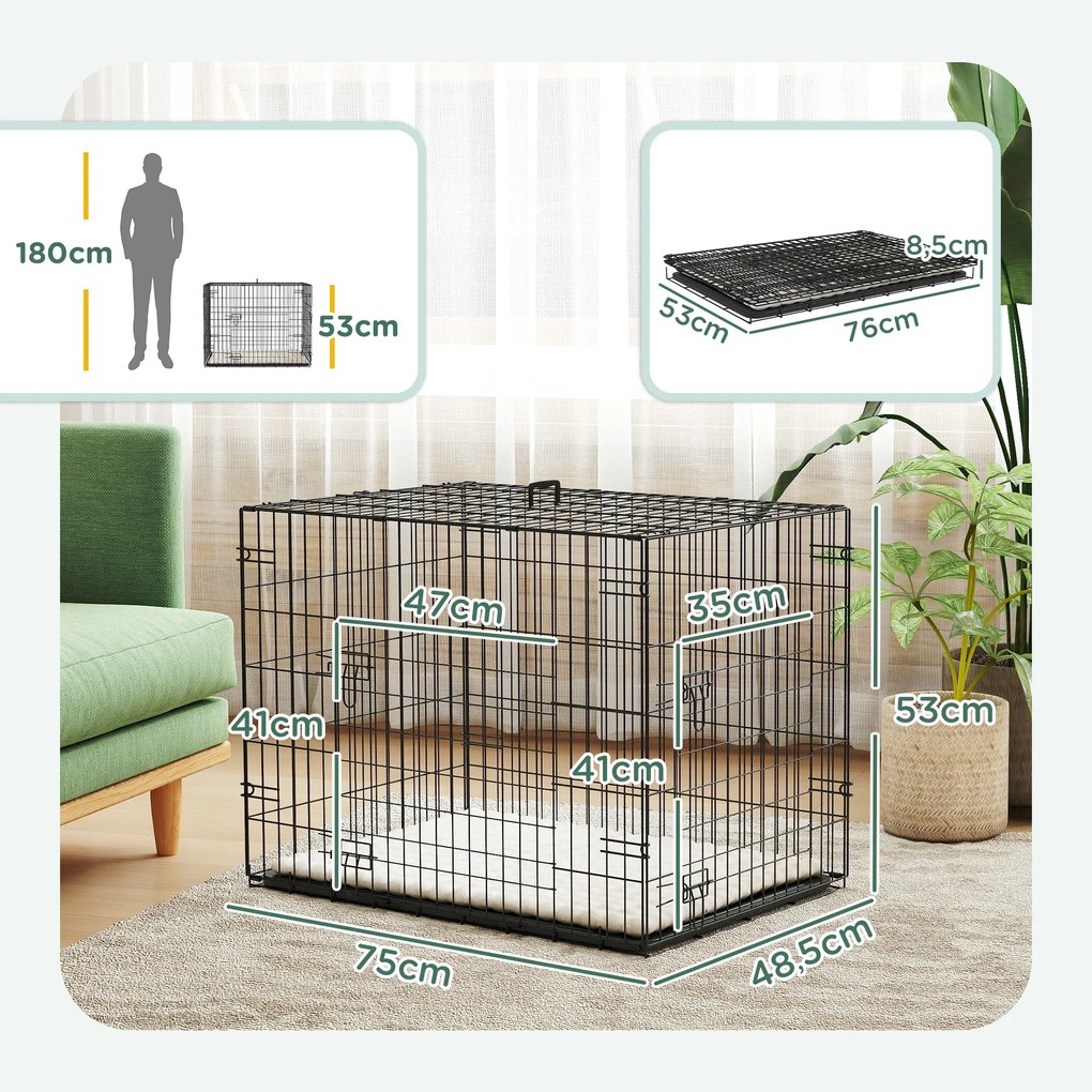 Gaiola Dobrável para Cães Pequenos com Almofada Portas Bandeja Removível e Estrutura Metálica 75x48,5x53 cm Preto e Bege