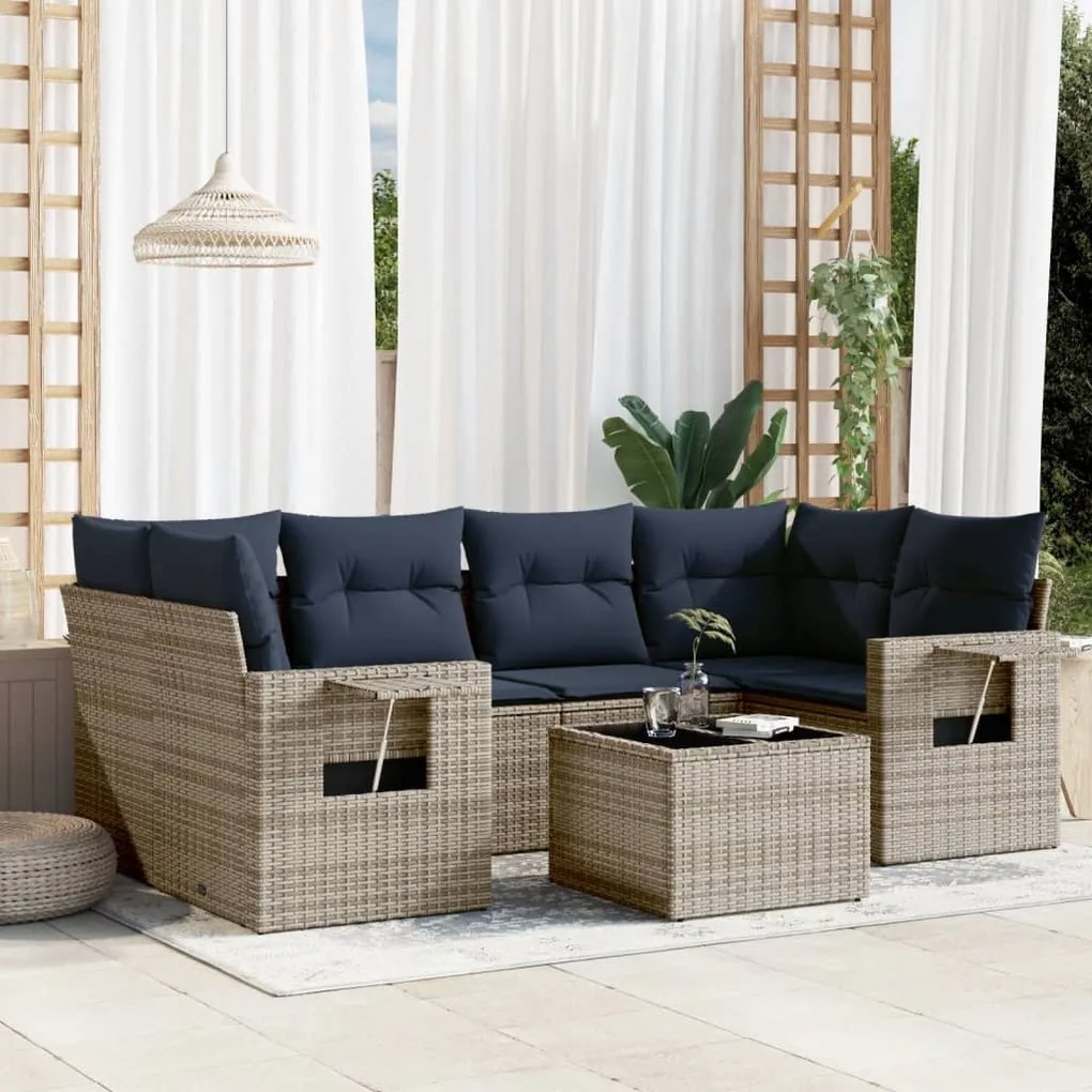 vidaXL 7 pcs conjunto sofás p/ jardim c/ almofadões vime PE cinzento