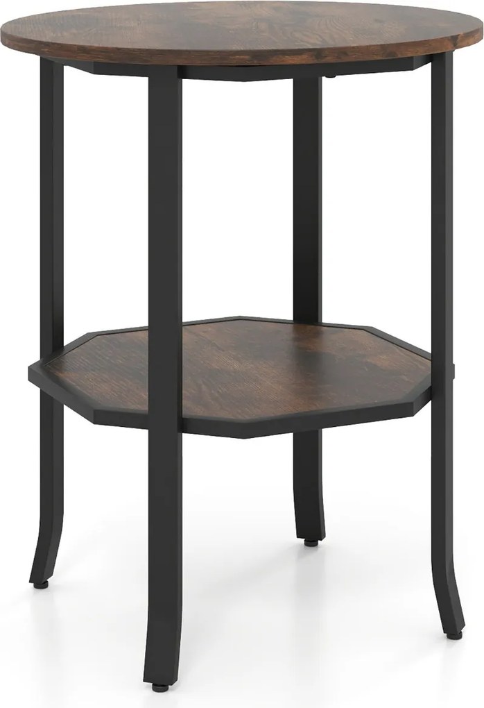 Mesa apoio, ou mesa de cabeçeira Redonda 50 x 50 x 61 cm de 2 Níveis com Estrutura Metálica Resistente Castanho