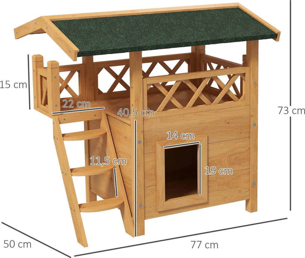 Casa para Gatos de Madeira 77x50x73cm com 2 Níveis Teto Asfáltico Terraço Cercado Caverna e Escada Madeira