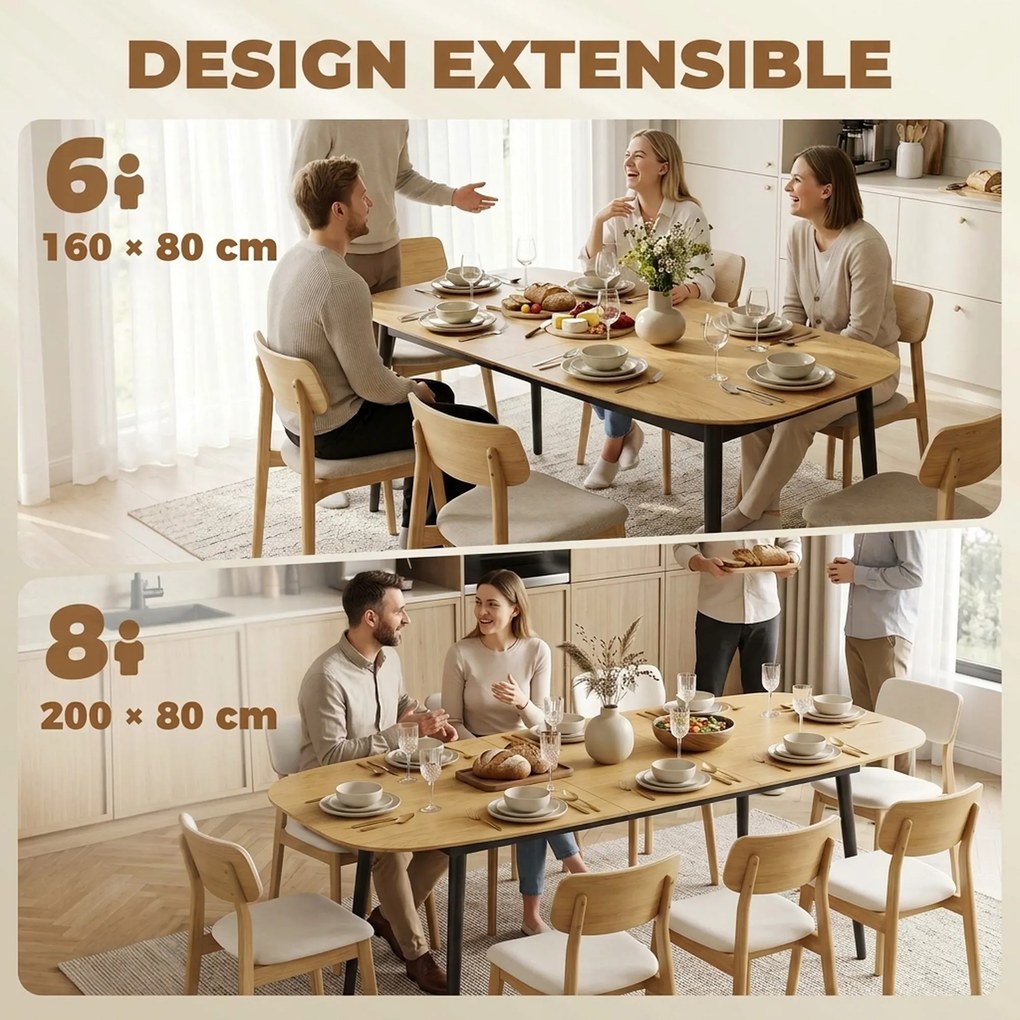Mesa de Jantar Extensível, 160-200 x 80 x 76 cm, Para 6 a 8 Pessoas (CADEIRAS NÃO INCLUIDAS), Castanho