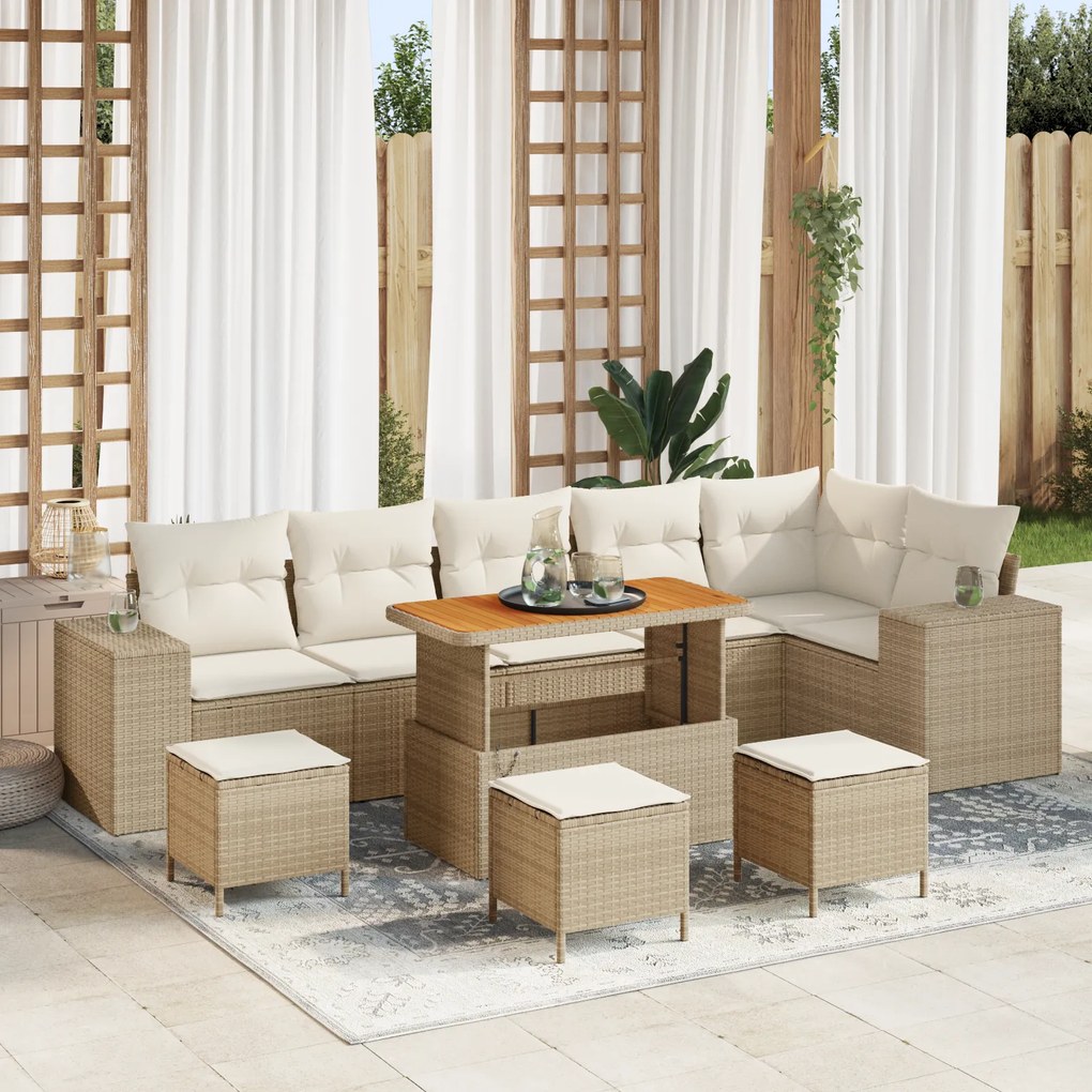Conjunto de Sofás de Jardim de 10 Peças com Almofadas Bege Rattan Poli