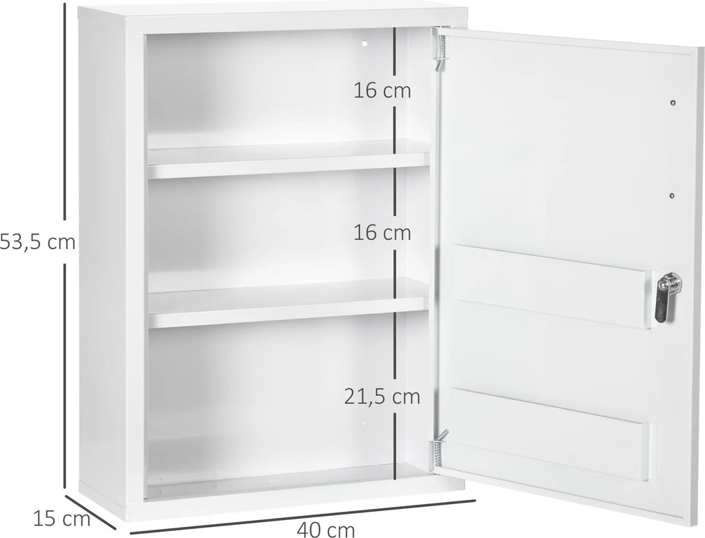 Armário de medicamentos com 2 prateleiras e 3 níveis 40 x 15 x 53,5 cm, porta com fechadura e 2 chaves, branco