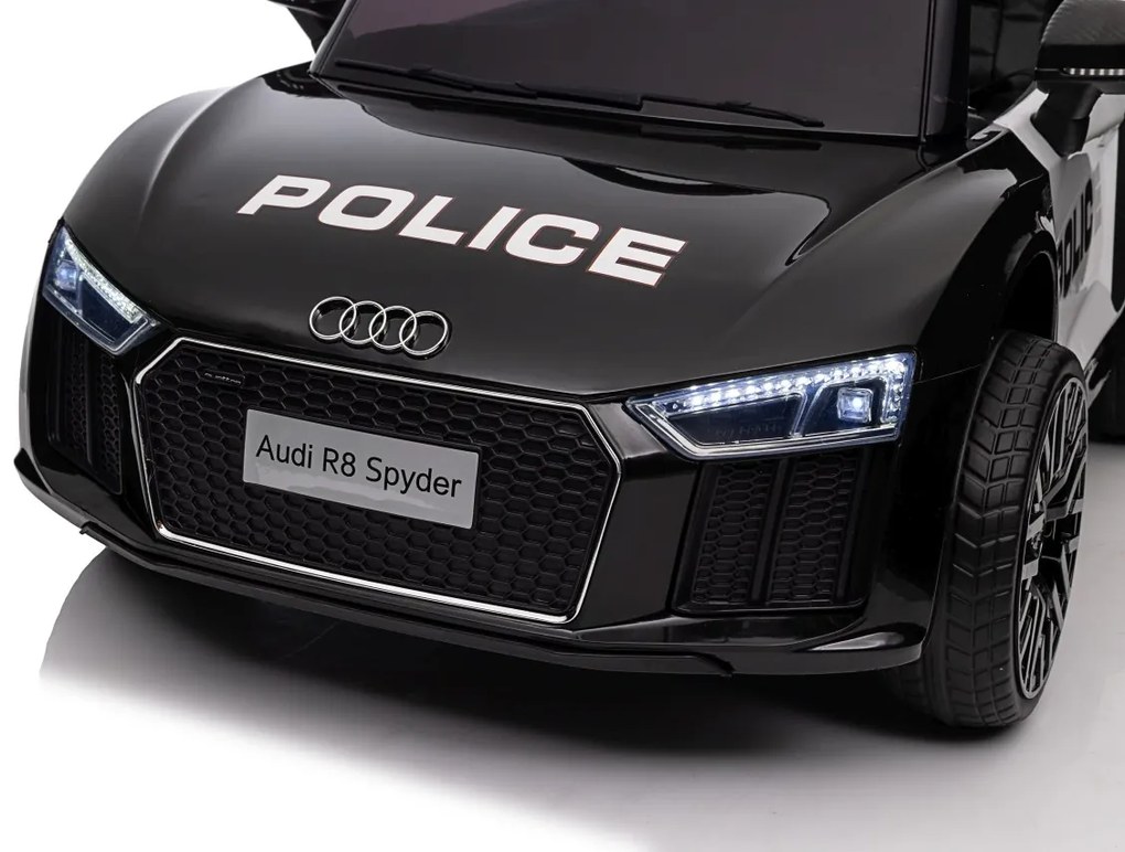 Carro elétrico para Crianças Audi R8 Policia 12V Rodas Espuma EVA, Assento couro ecológico Preto