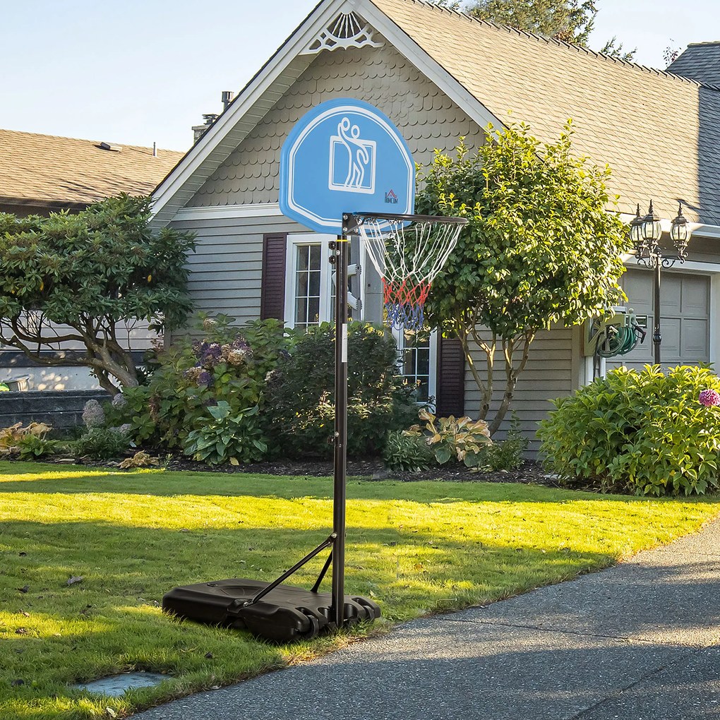 HOMCOM Tabela de Basquetebol para Exterior com Altura Ajustável 160-210cm Cesta de Basquetebol com Rodas Tabela de PE e Base Recarregável 76x70x197,5-254cm Preto e Azul