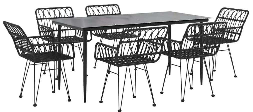 7 pcs conjunto de jantar para jardim vime PE preto