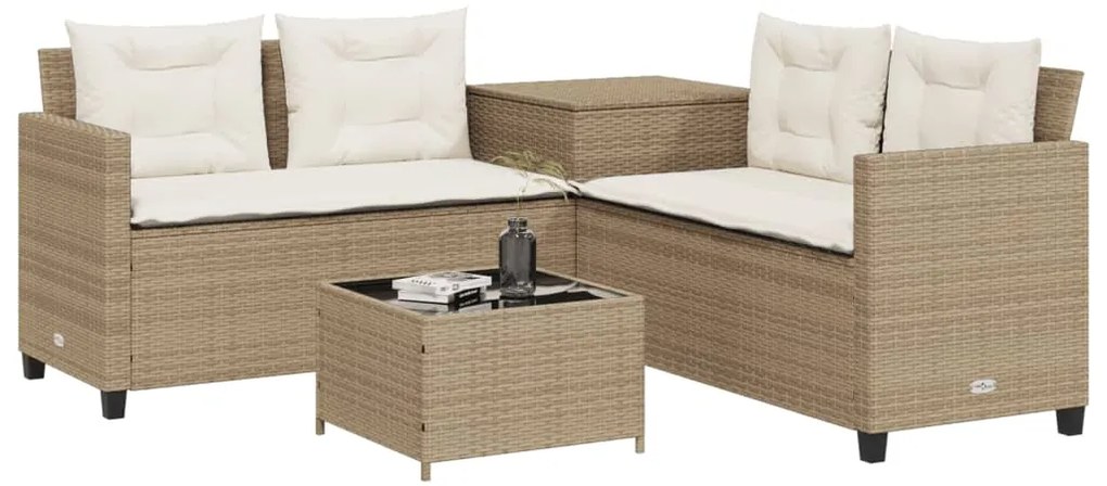 Sofá de jardim forma de L c/ mesa e almofadões vime PE bege