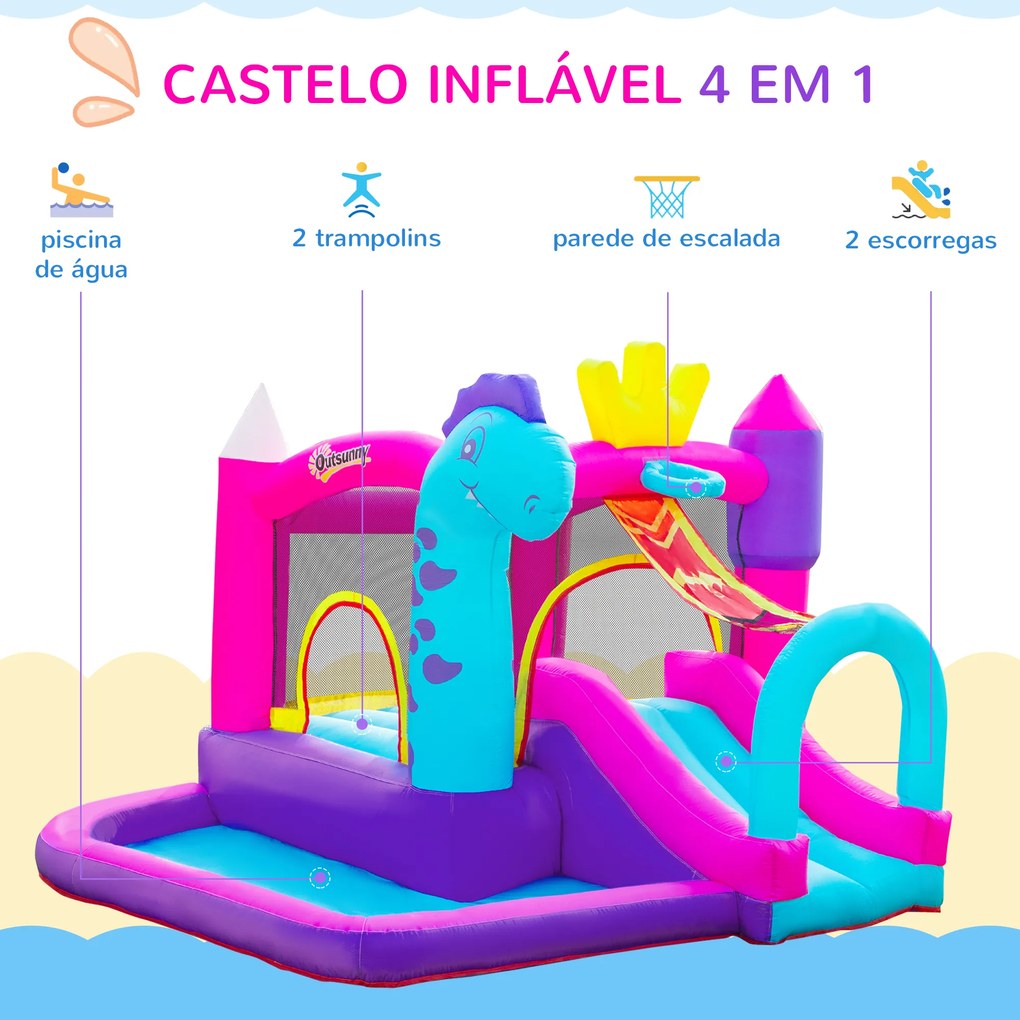 Outsunny Castelo Insuflável com Escorrega Trampolim Piscina e Cesta de para Crianças acima de 3 Anos Inclui Inflador e Bolsa de Transporte para Interior e Exterior 300x270x200cm Multicor