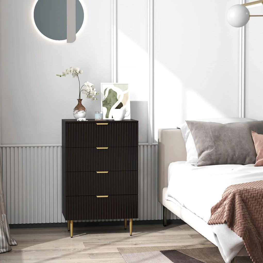 Cómoda de 4 gavetas 60 x 40 x 96 cm, móvel de arrumação moderno para quarto com puxadores e pés dourados, preto