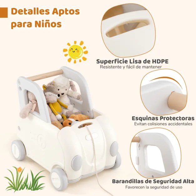 Andarilho de empurrar para crianças em forma de carro com corda de reboque, assento rebatível e rodas lisas 59 x 44 x 53 cm Branco