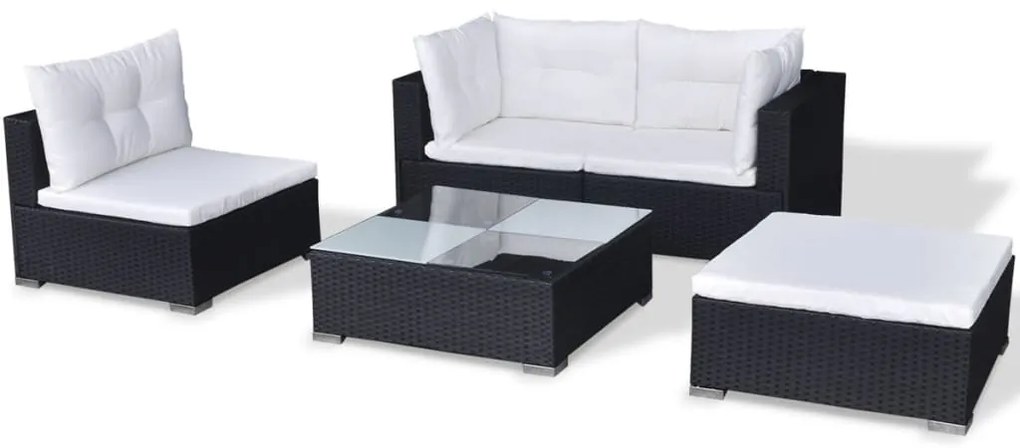 5 pcs conjunto lounge de jardim c/ almofadões vime PE preto