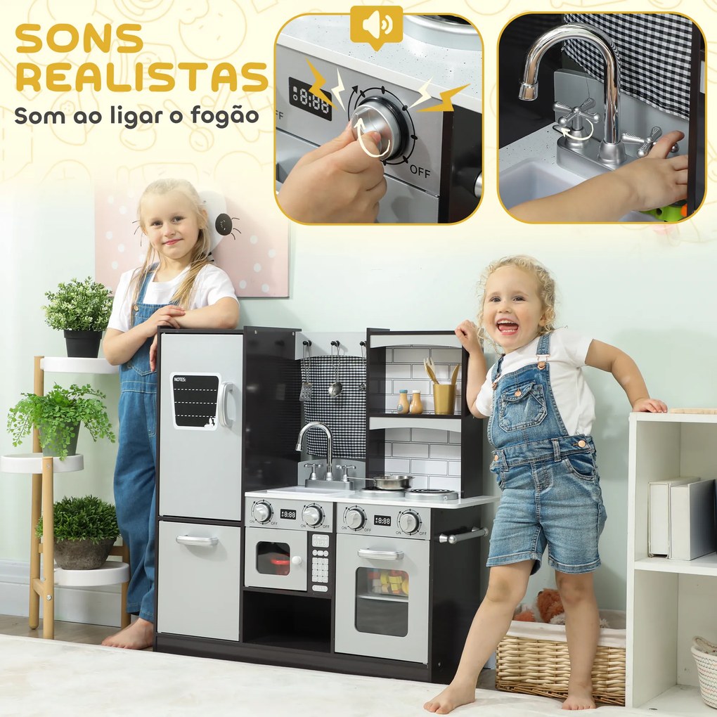 Cozinha de Madeira com Som Cozinha de Brincar Infantil com Acessórios em Aço Inoxidável Frigorífico Micro-Ondas, Lava-Loiça 81x27x79,7 cm Castanho Esc